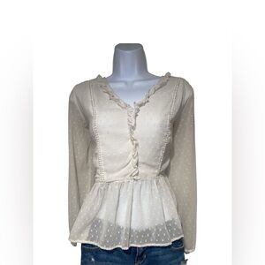 white sheer long sleeve babydoll textured blouse with ruffle detail